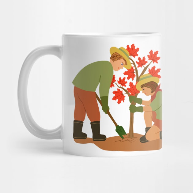 Young couple planting red maple tree. Outdoors gardening concept. by Nalidsa